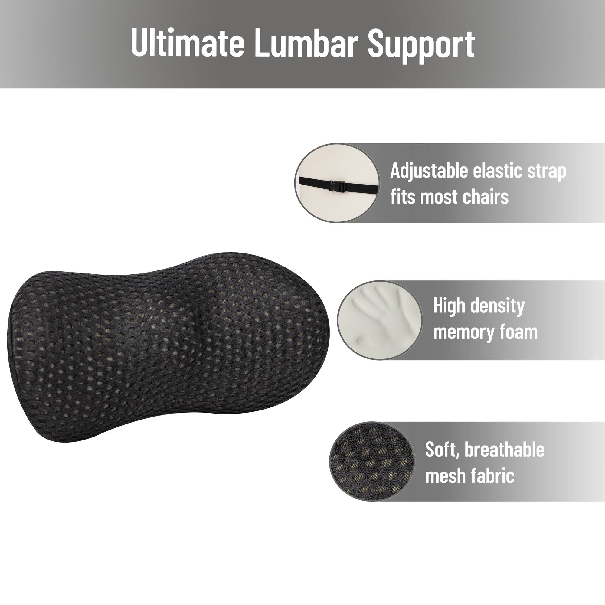 Mind Reader Lumbar Support Pillow with Air-Cloud Technology, Memory Foam Cushion for Back, Waist & Hip Pain Relief, Breathable Cover, Black